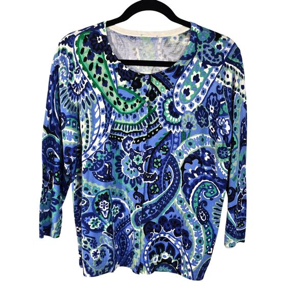 Talbots Cardigan Sweater Women's XL Blue Green Paisley Career Classic Spring - Picture 1 of 6